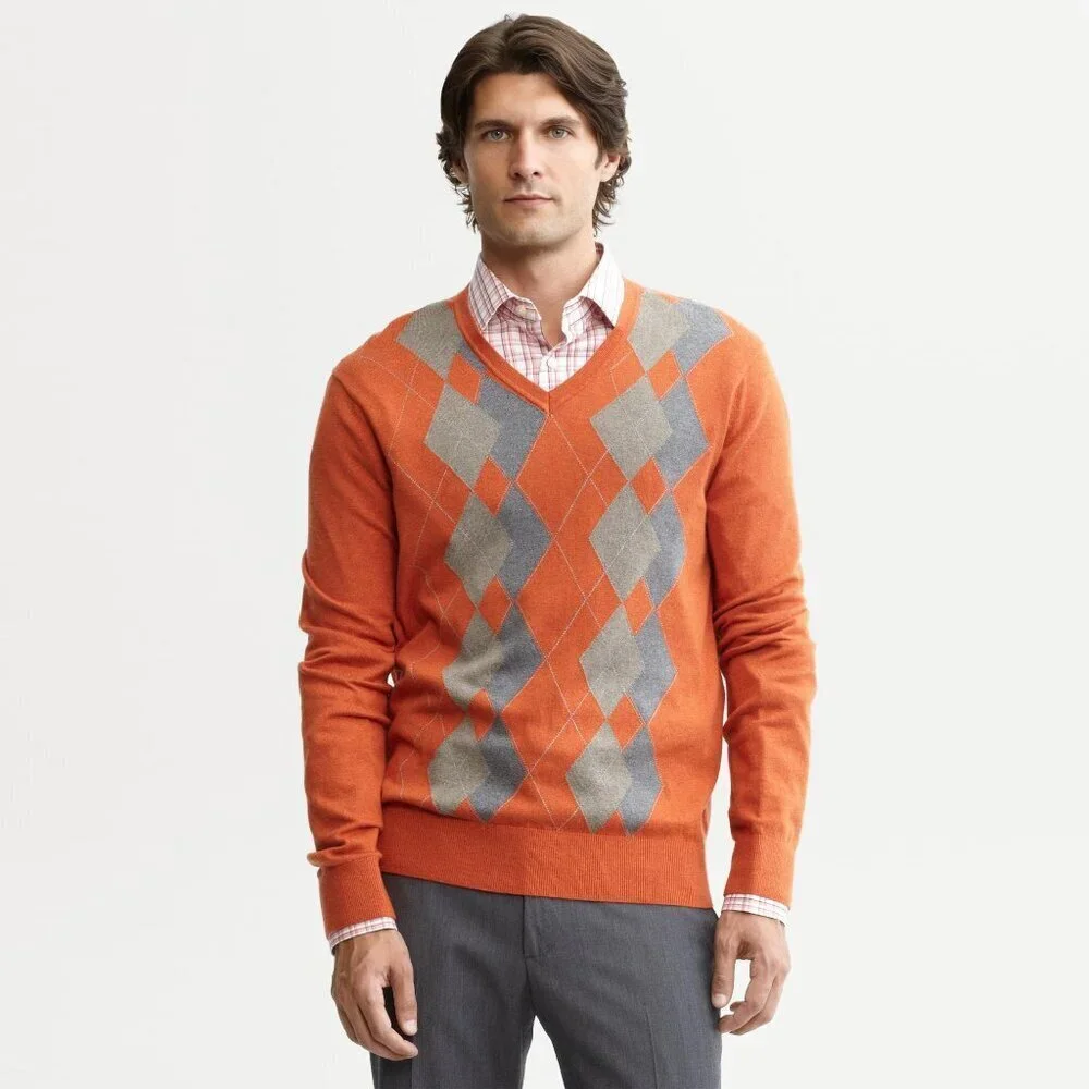 Banana Republic Silk Cashmere Argyle V-Neck Pullover Sweater, Cayenne Orange, M